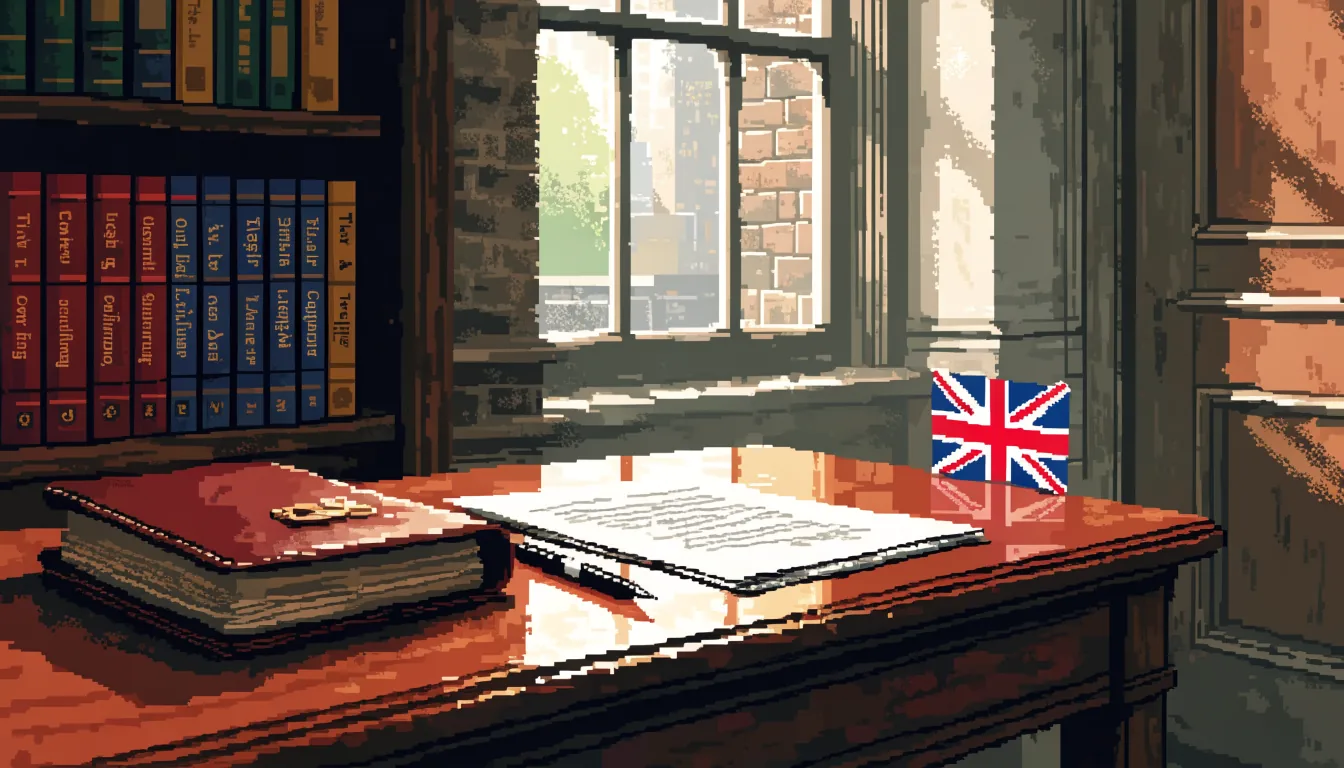 Wooden desk with legal documents, fountain pen, and a Union Jack flag in a London office.