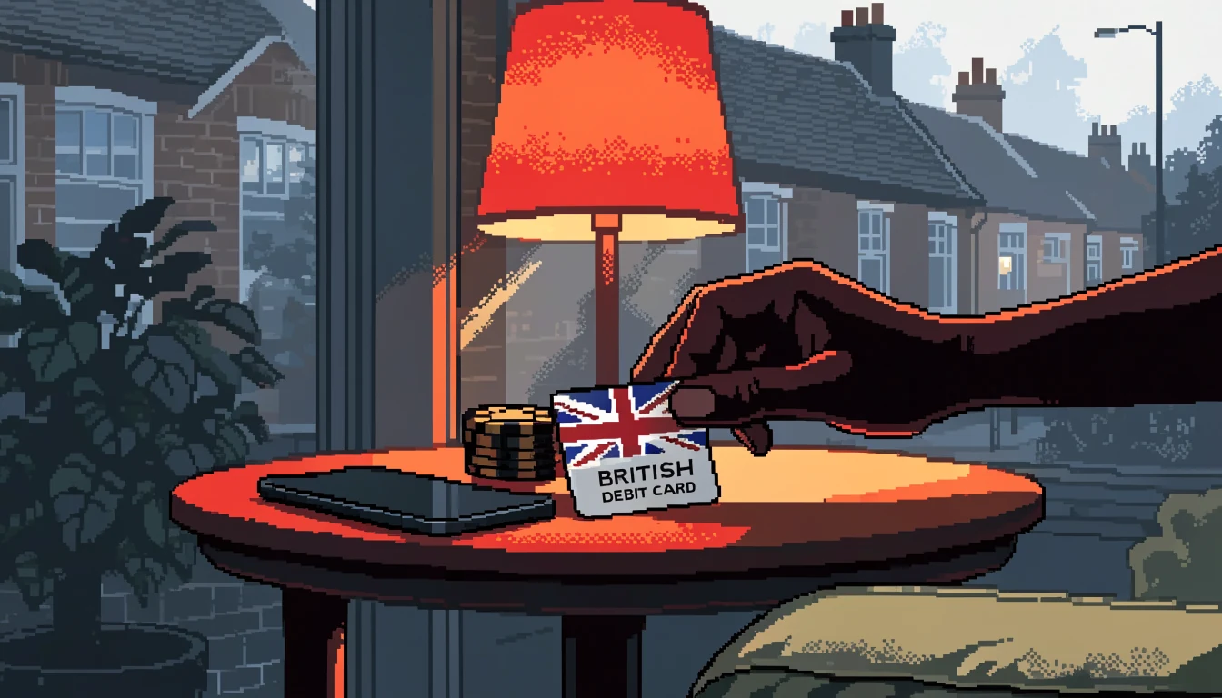 Smartphone, UK debit card, and casino chips on a wooden table in a British home.
