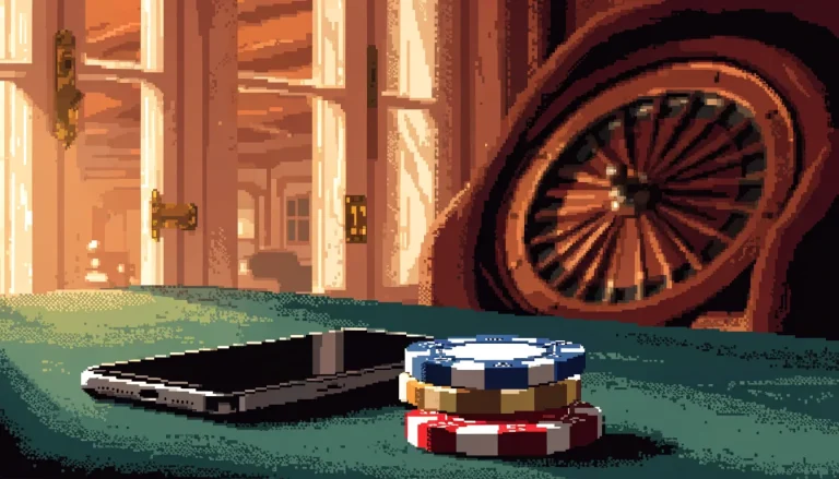 Face-down smartphone, chips, and roulette wheel in a warmly lit British room