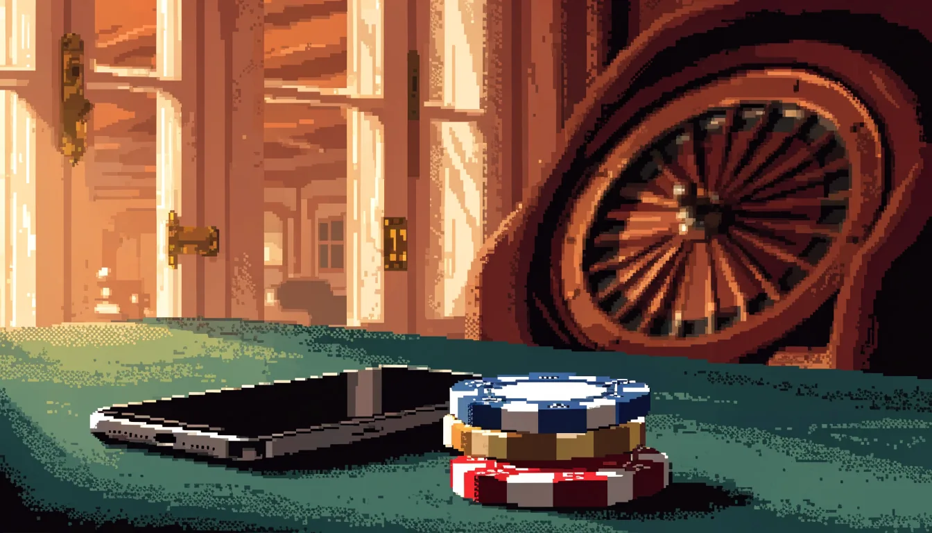 Face-down smartphone, chips, and roulette wheel in a warmly lit British room