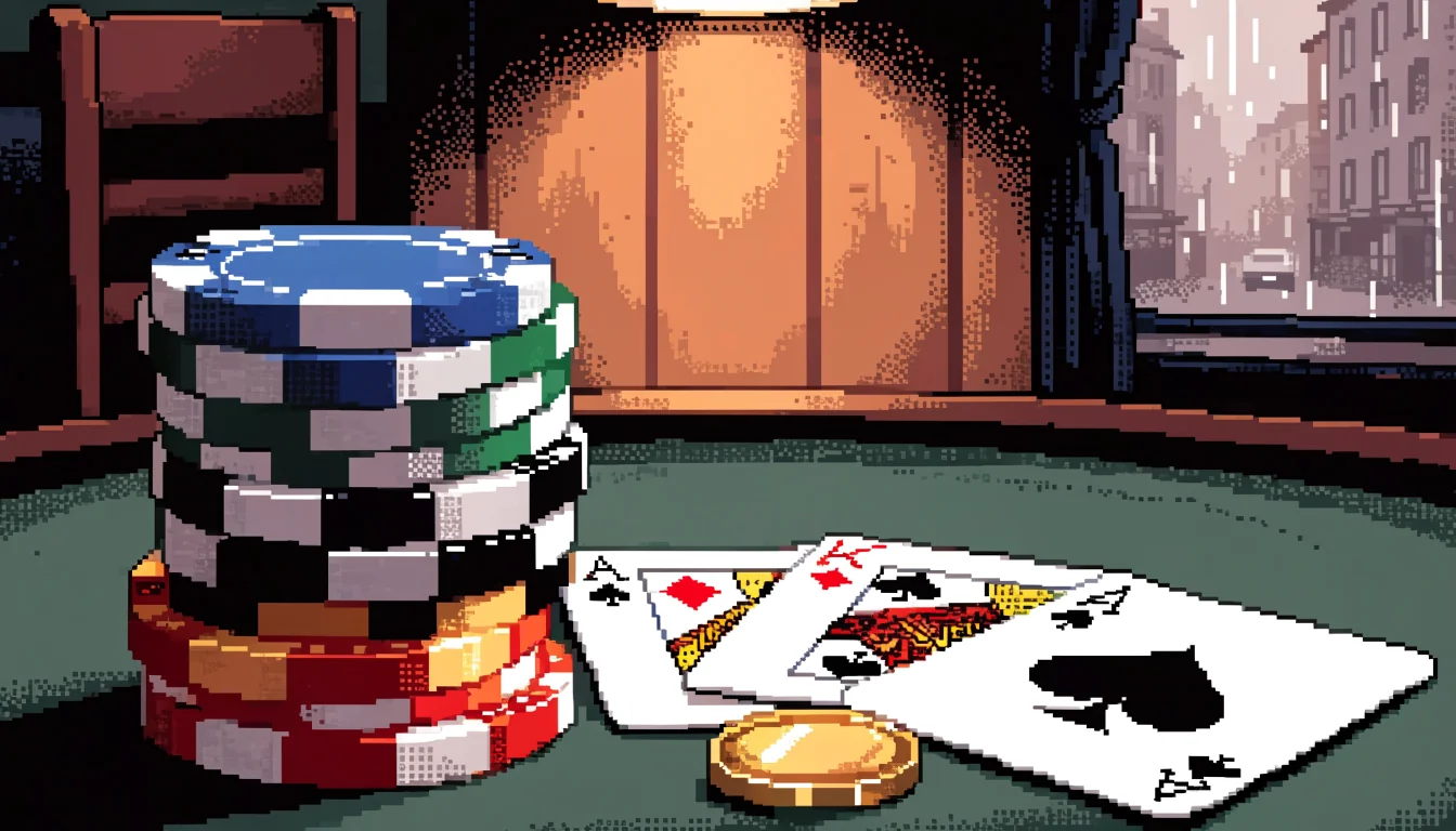 Stacked casino chips, playing cards and a golden coin on green felt, warm lamp light.