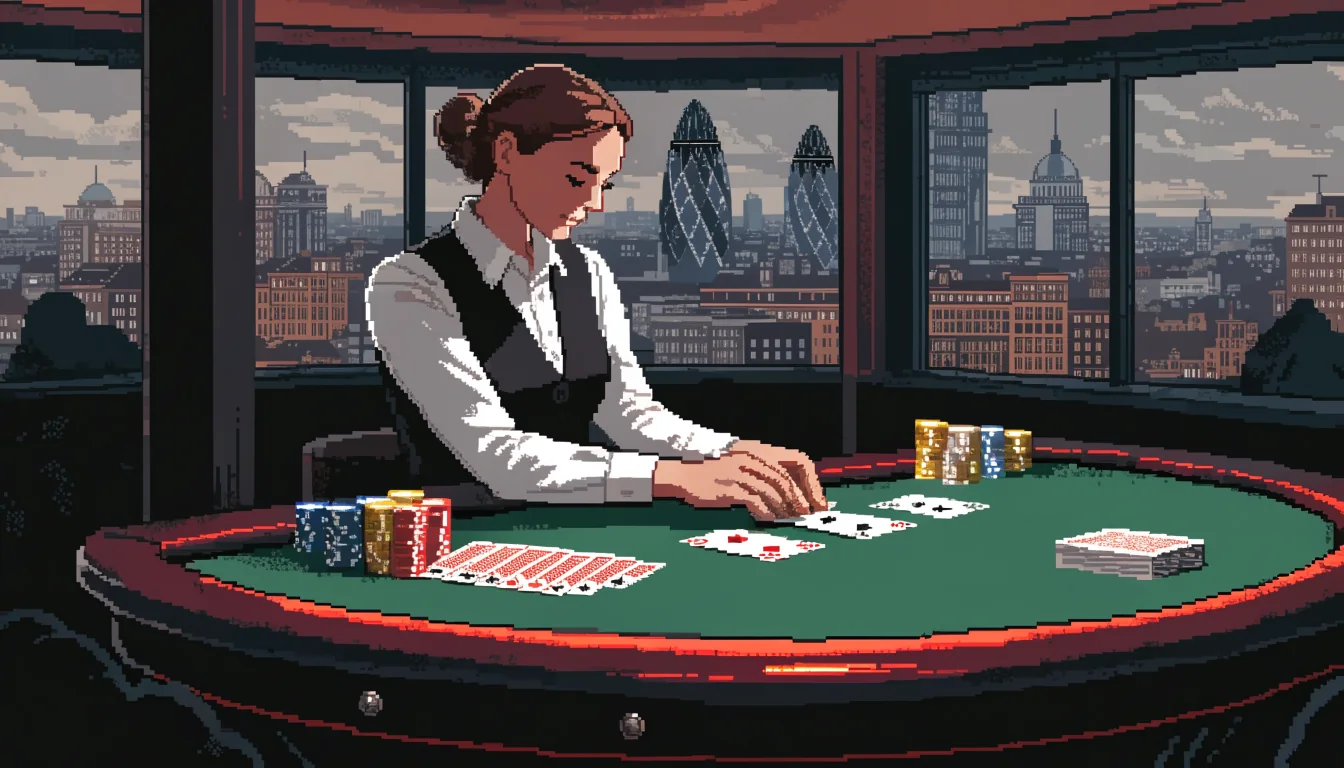 Live dealer at a blackjack table with London skyline visible through the studio window.