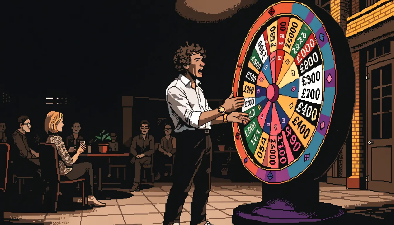 Live casino presenter standing next to a tall colorful money wheel in a broadcast studio