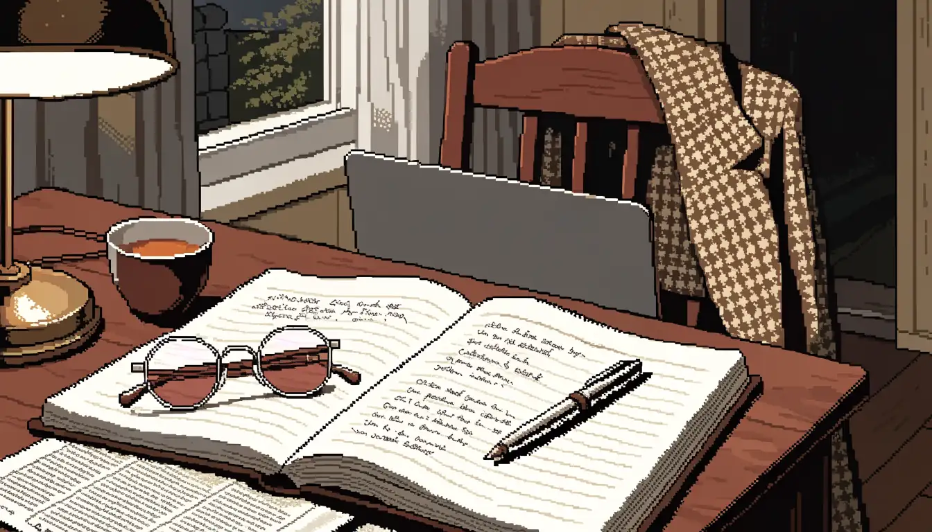 Evening desk scene with notebook, pen, reading glasses, closed laptop and tea mug under warm lamp light.
