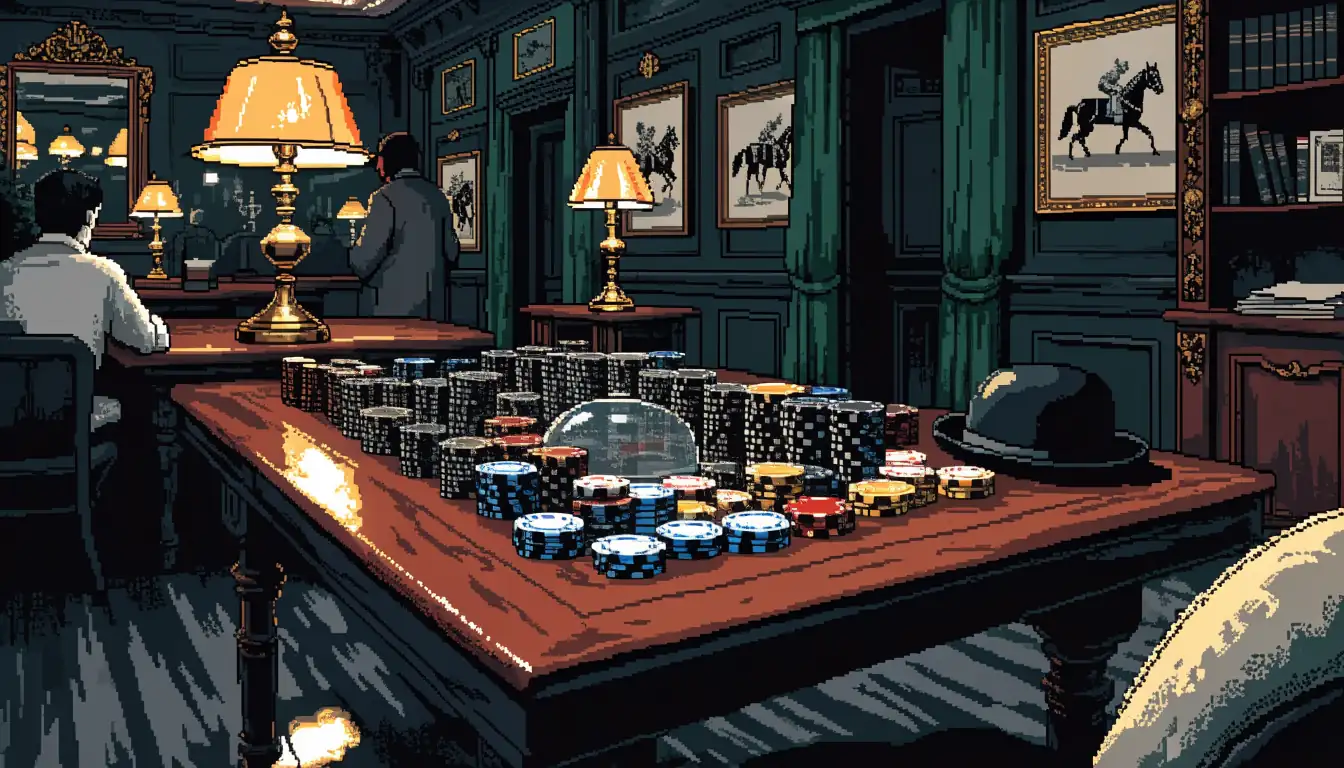 Traditional UK casino lounge with green felt table and stacked chips.