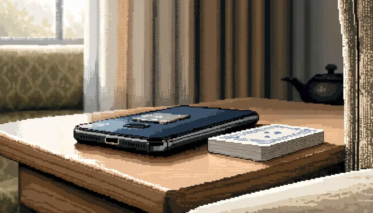 Smartphone face-down with casino chips and cards on a living room table
