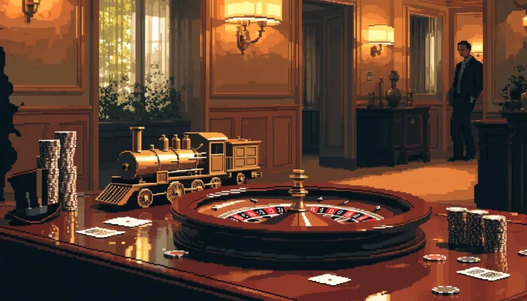 Live casino studio lounge with roulette wheel, chips, and Monopoly-inspired props