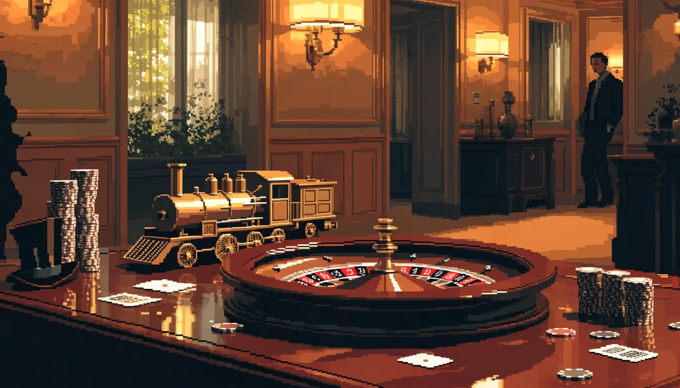 Live casino studio lounge with roulette wheel, chips, and Monopoly-inspired props