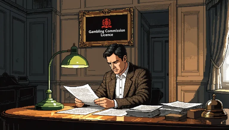 British gentleman reviewing official documents at a panelled desk with a UK licence on the wall