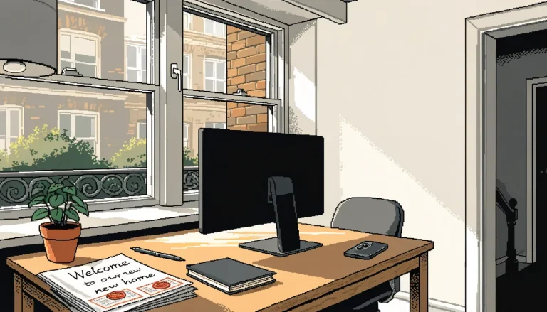 Modern UK home office desk with turned-away monitor and smartphone