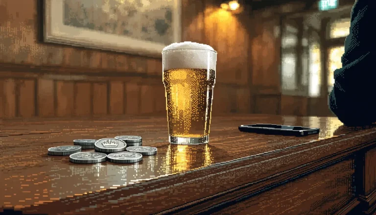 One-pound coins on a pub table next to a face-down phone