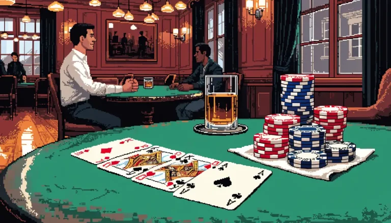 Casino chips and a winning card hand on green felt in a wood-paneled British gaming room