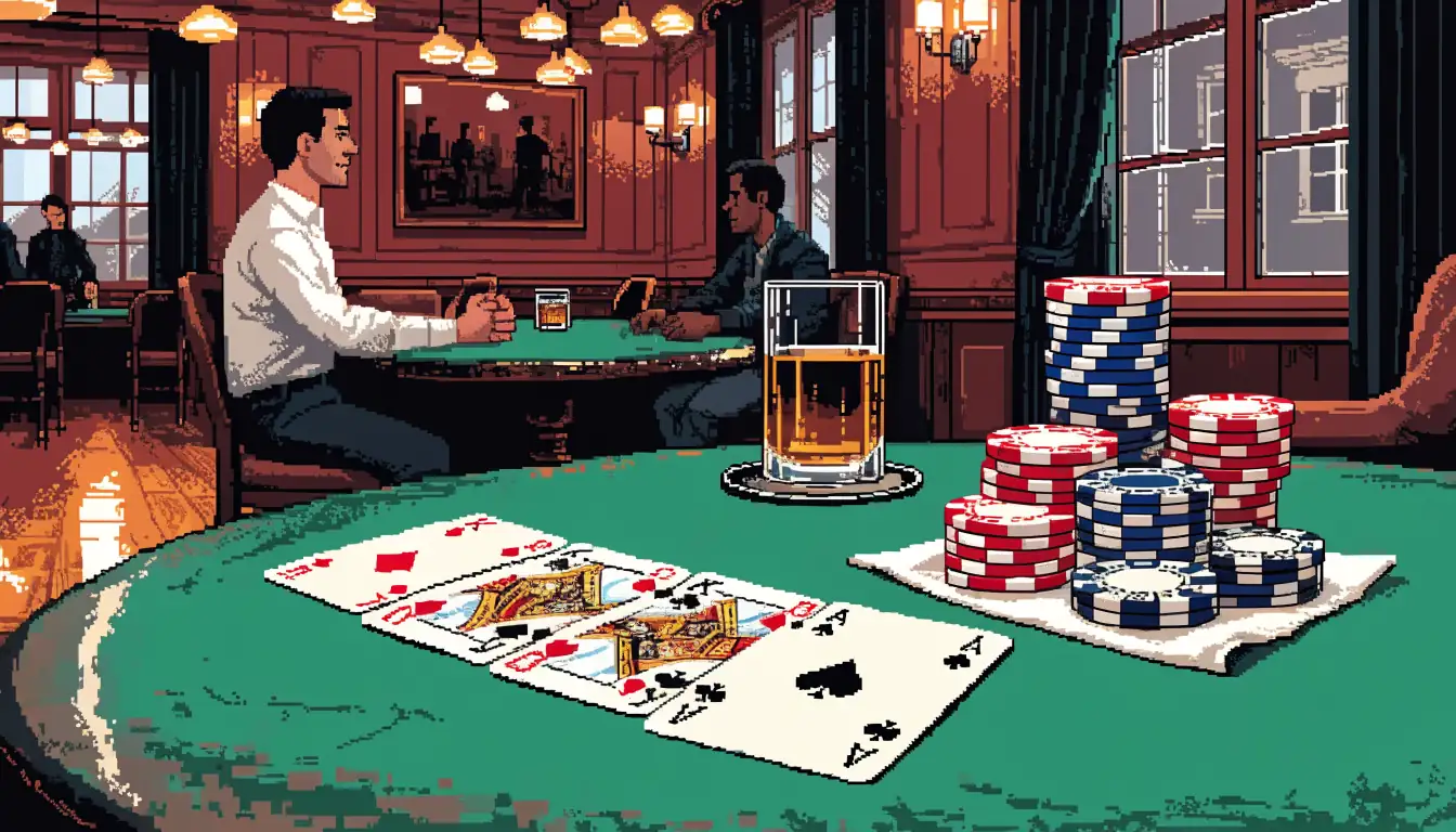 Casino chips and a winning card hand on green felt in a wood-paneled British gaming room