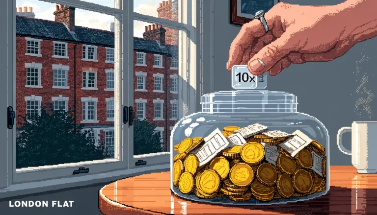 Glass jar with bonus coins and a 10x multiplier cube on a sunlit British table