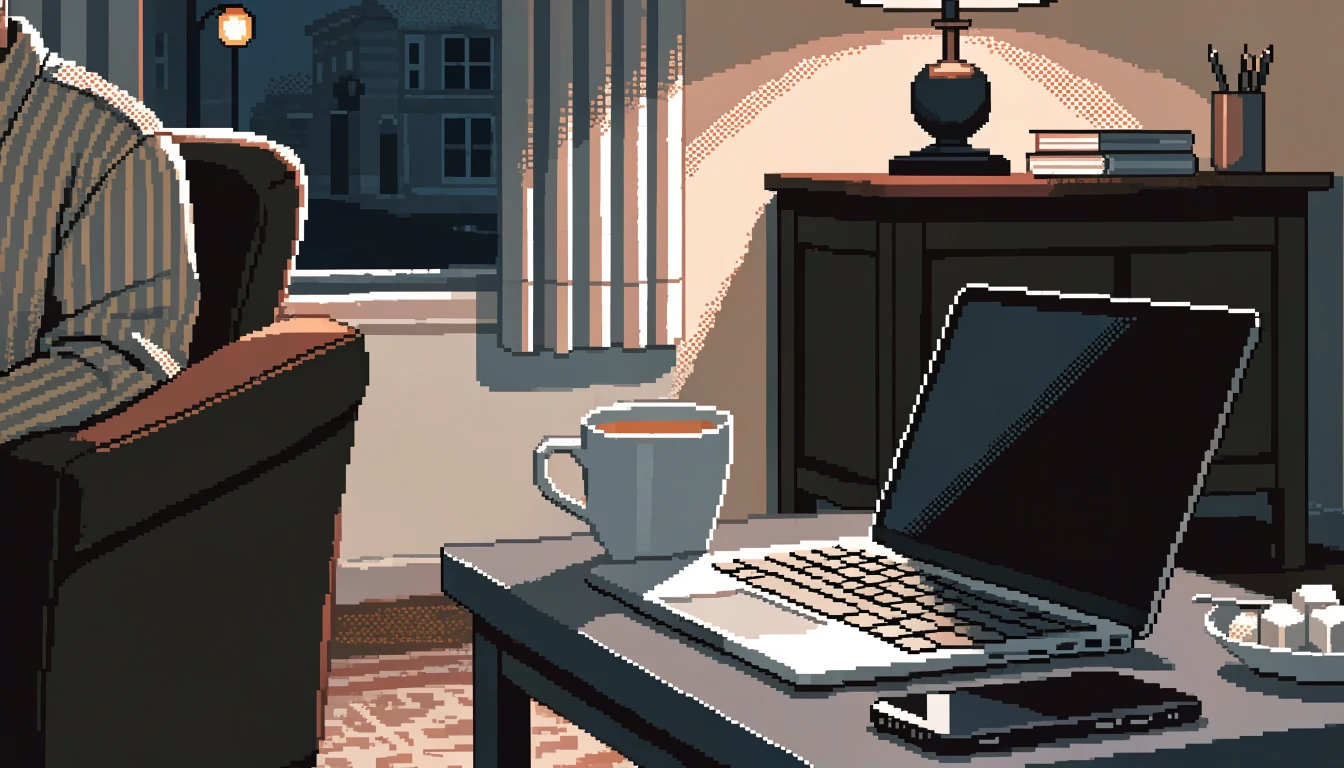 Closed laptop and phone on a coffee table in a dim UK living room.
