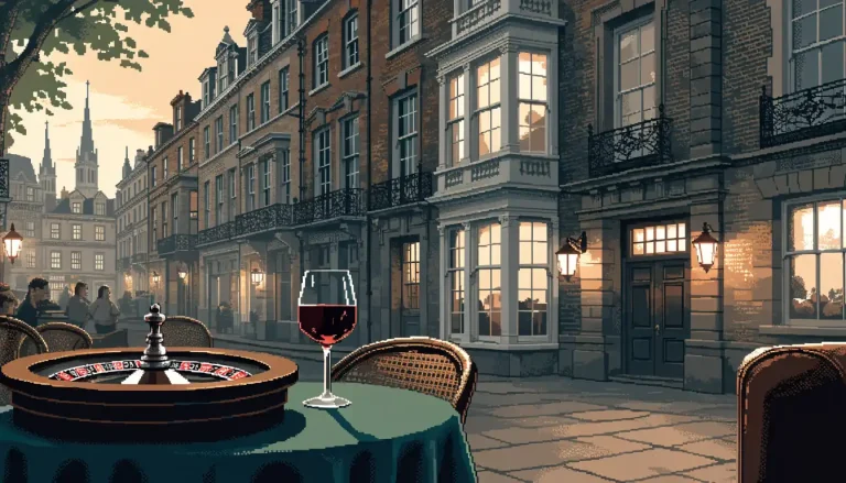 European city terrace at dusk with a roulette wheel, wine glass, and historic architecture.