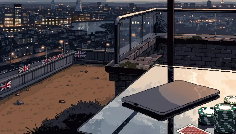 London rooftop with tablet, casino chips, and a playing card on a glass table at dusk.