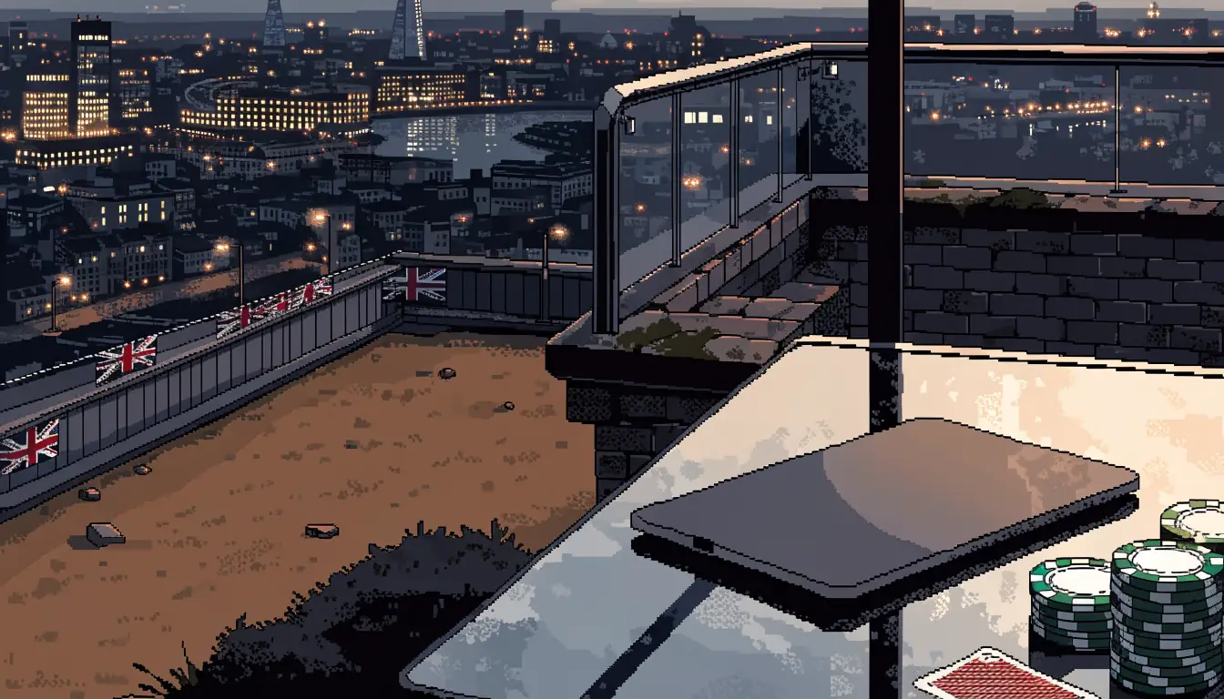 London rooftop with tablet, casino chips, and a playing card on a glass table at dusk.