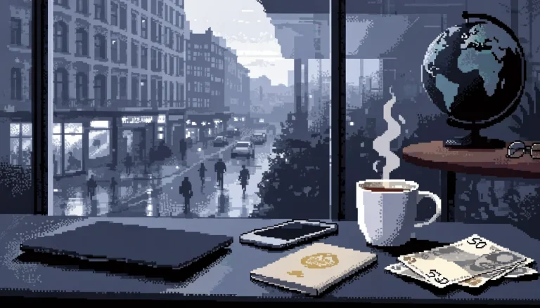Desk with closed laptop, passport, coffee, and British pounds near a rainy window.