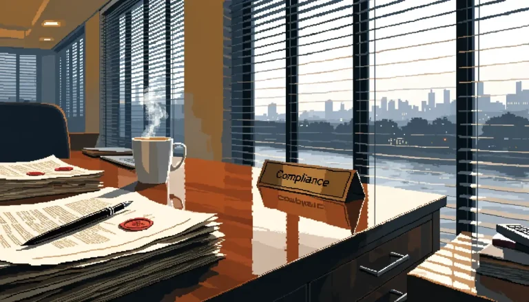 Regulatory documents on a wooden desk in a London office at dusk