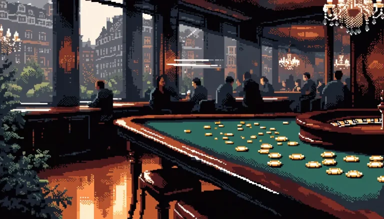 Elegant casino interior with roulette table and chandelier lighting