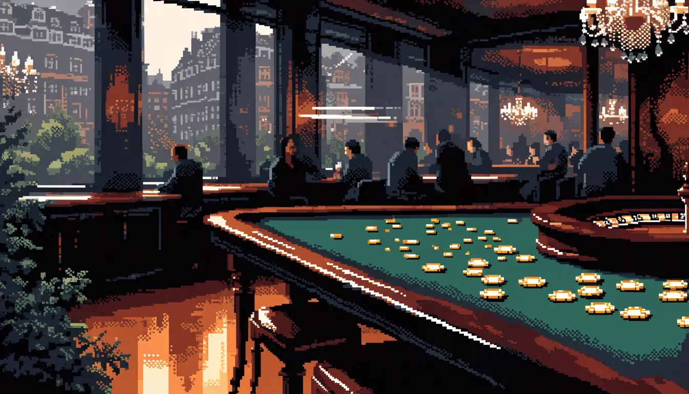 Elegant casino interior with roulette table and chandelier lighting