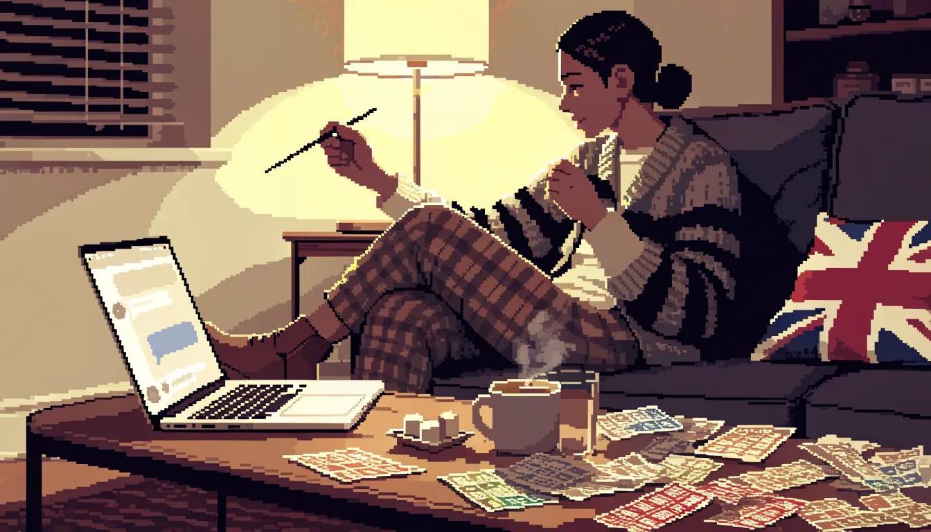 Person relaxing at home with bingo tickets, laptop and tea