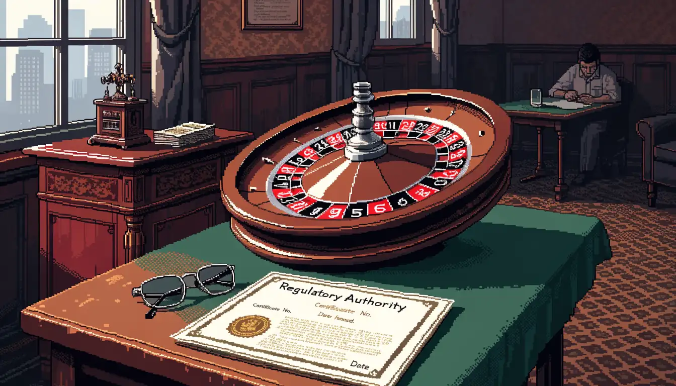 Roulette wheel beside an official certificate and reading glasses in a warm-lit room