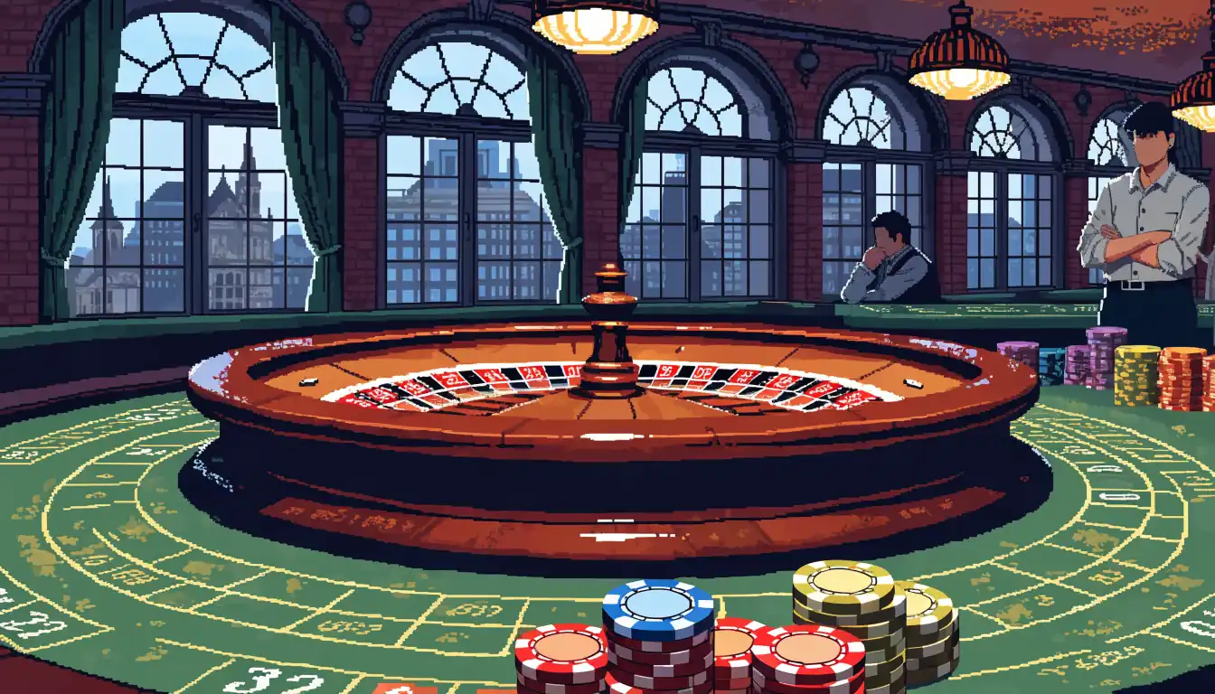 European roulette wheel and chips on a casino table with a London skyline at dusk