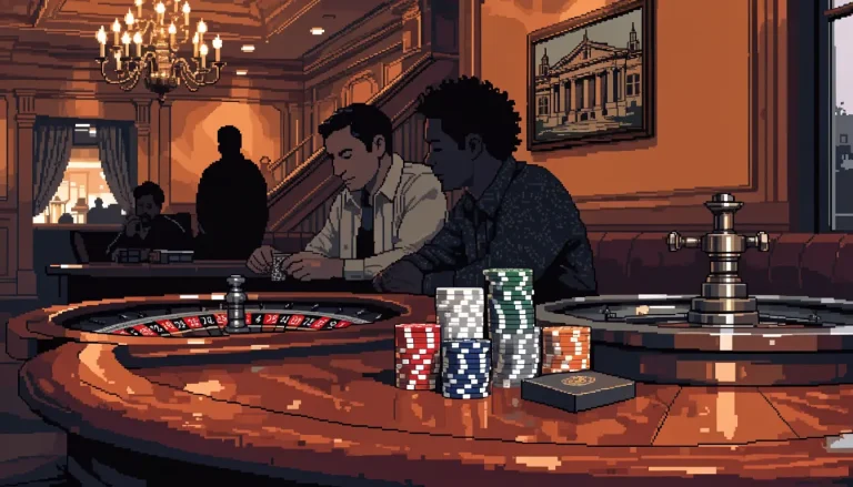 Elegant London casino lounge with chips and roulette wheel