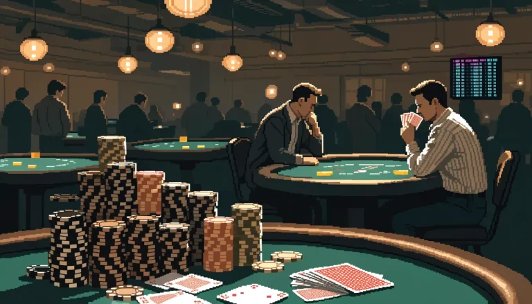 Casino tournament hall with green felt tables, stacked chips and players under warm amber lighting