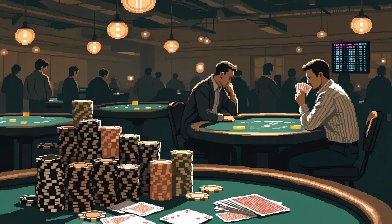 Casino tournament hall with green felt tables, stacked chips and players under warm amber lighting