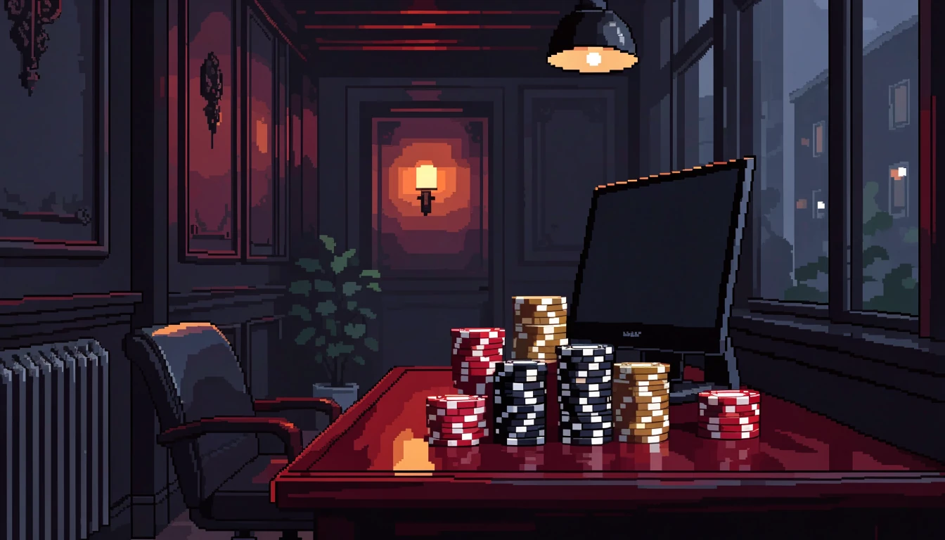 Elegant casino lounge with stacked chips on a dark wood table and a turned-away monitor