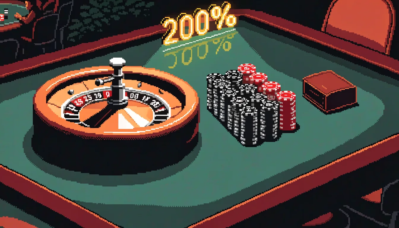 Casino table with chips, roulette wheel, and glowing bonus sign