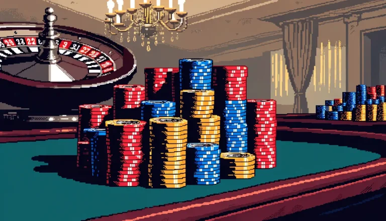 Stacks of casino chips and a roulette wheel on a green felt table under chandelier light.