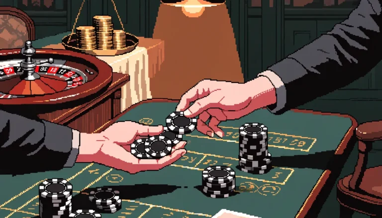 Casino chips, roulette wheel and cards on a felt table under warm light.