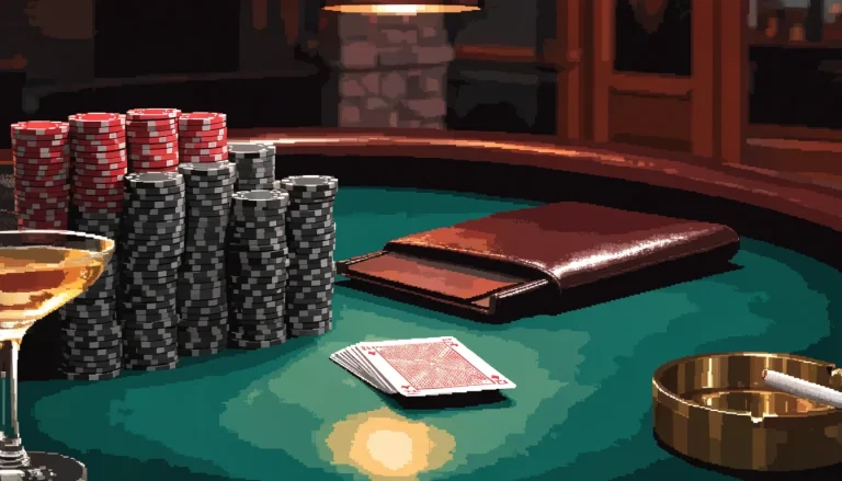 Casino table with stacked chips, cards and warm pendant lighting.