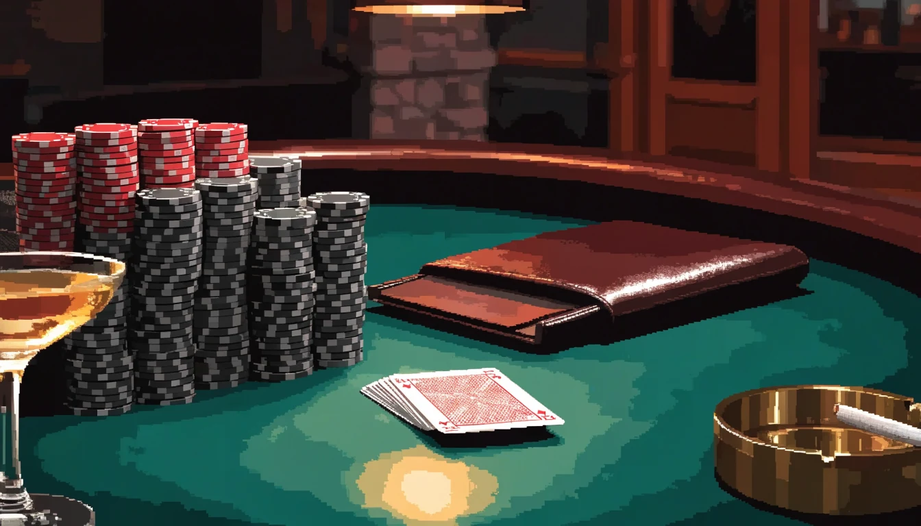 Casino table with stacked chips, cards and warm pendant lighting.