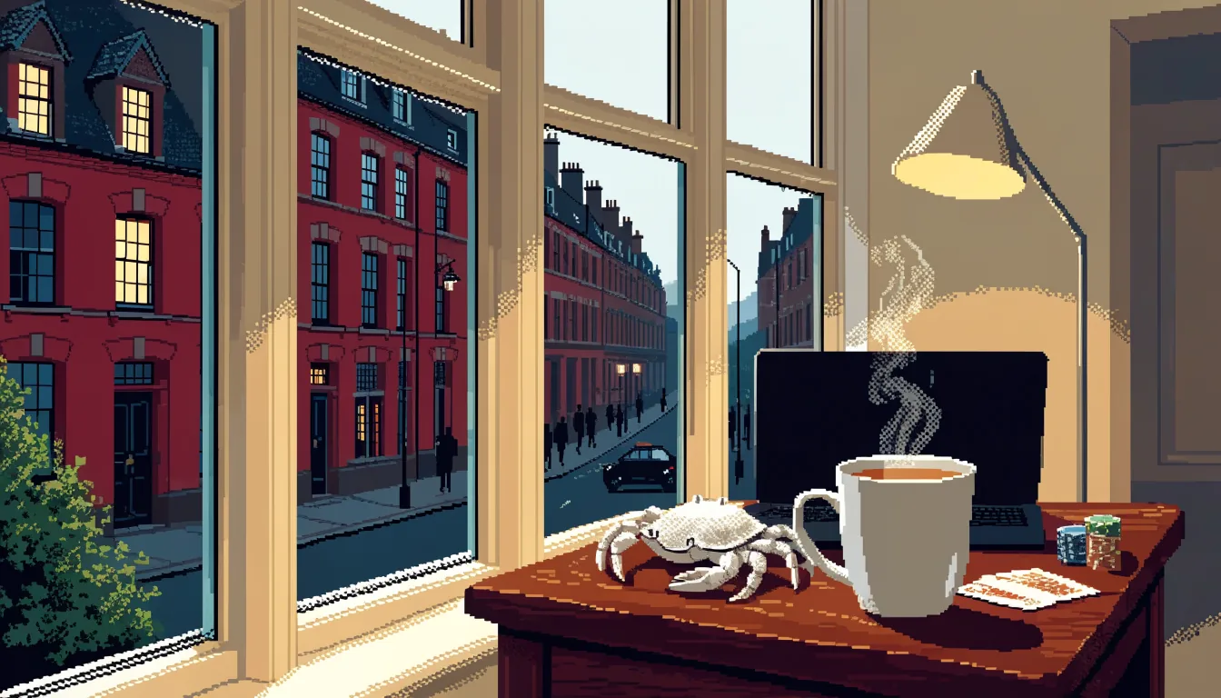 British flat interior with poker chips, face-down cards, closed laptop, and a ceramic crab beside tea.