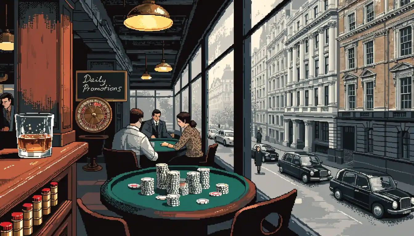 British casino lounge interior with card tables, chips, roulette wheel and a daily promotions chalkboard near a window.