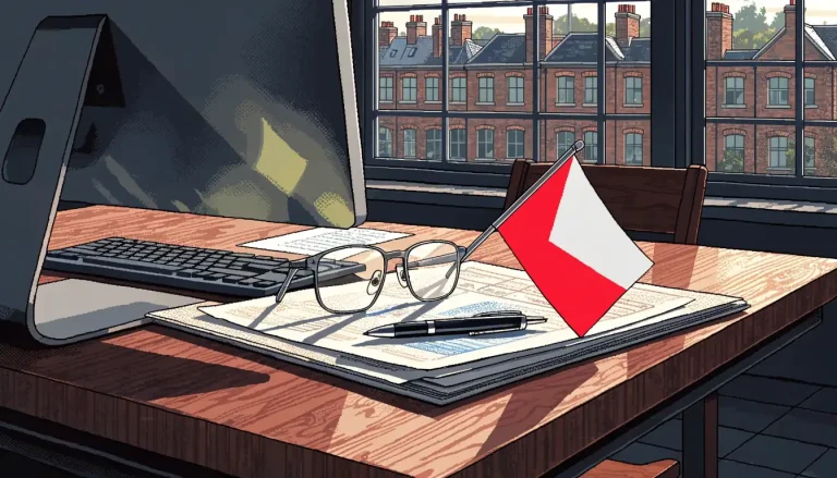 London office desk with computer, official licence documents and a small Maltese flag.