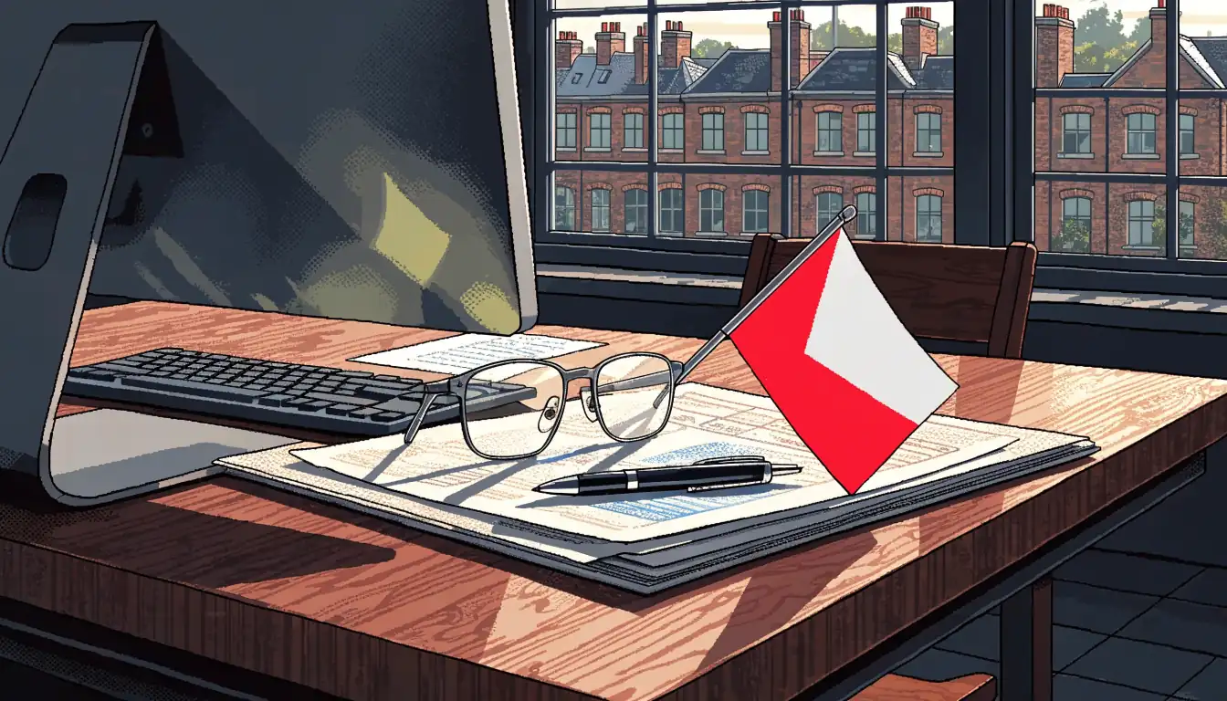 London office desk with computer, official licence documents and a small Maltese flag.