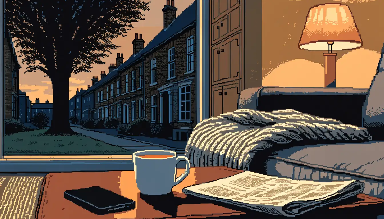 British living room with face-down smartphone, tea, and newspaper at evening.