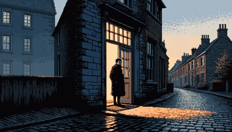 Solitary lit doorway on a quiet British street at dusk, lone figure at the entrance.