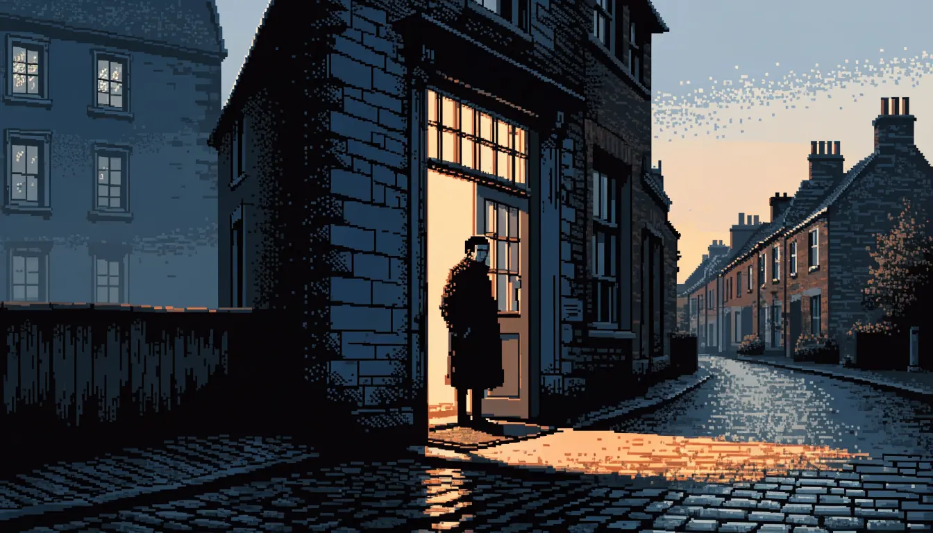 Solitary lit doorway on a quiet British street at dusk, lone figure at the entrance.