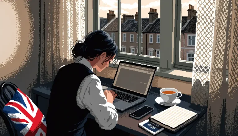 Person at London desk with laptop, phone, and hidden passport during sign-up.
