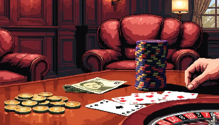 British pound coins, a five-pound note and casino chips on a wooden table in a traditional British club.