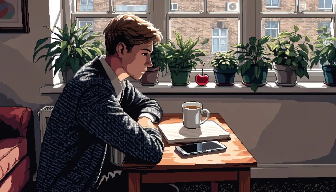 Person at a UK home desk with a face-down phone and tea, thinking about self-exclusion.