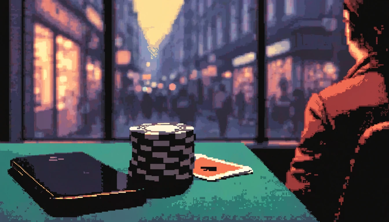 Smartphone face-down on a felt table with casino chips and a card.