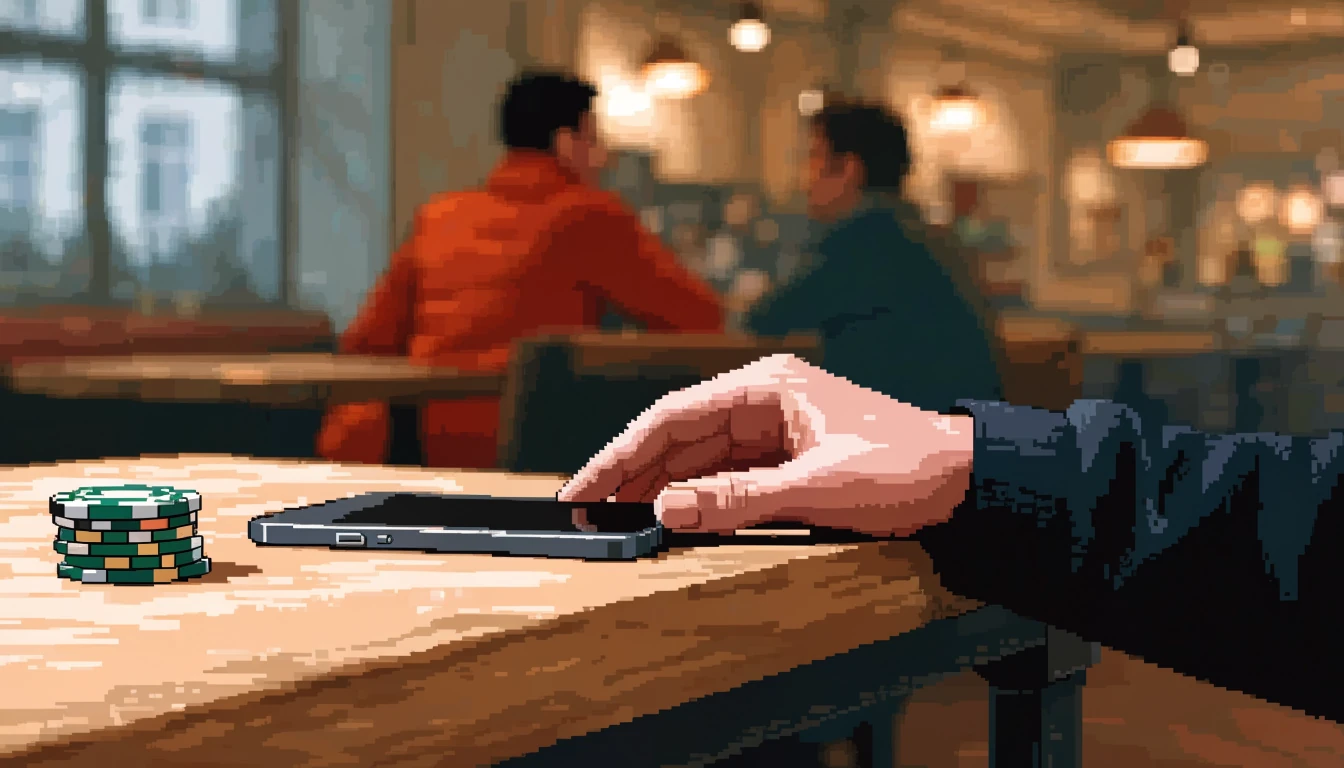 Smartphone and casino chips on a pub table
